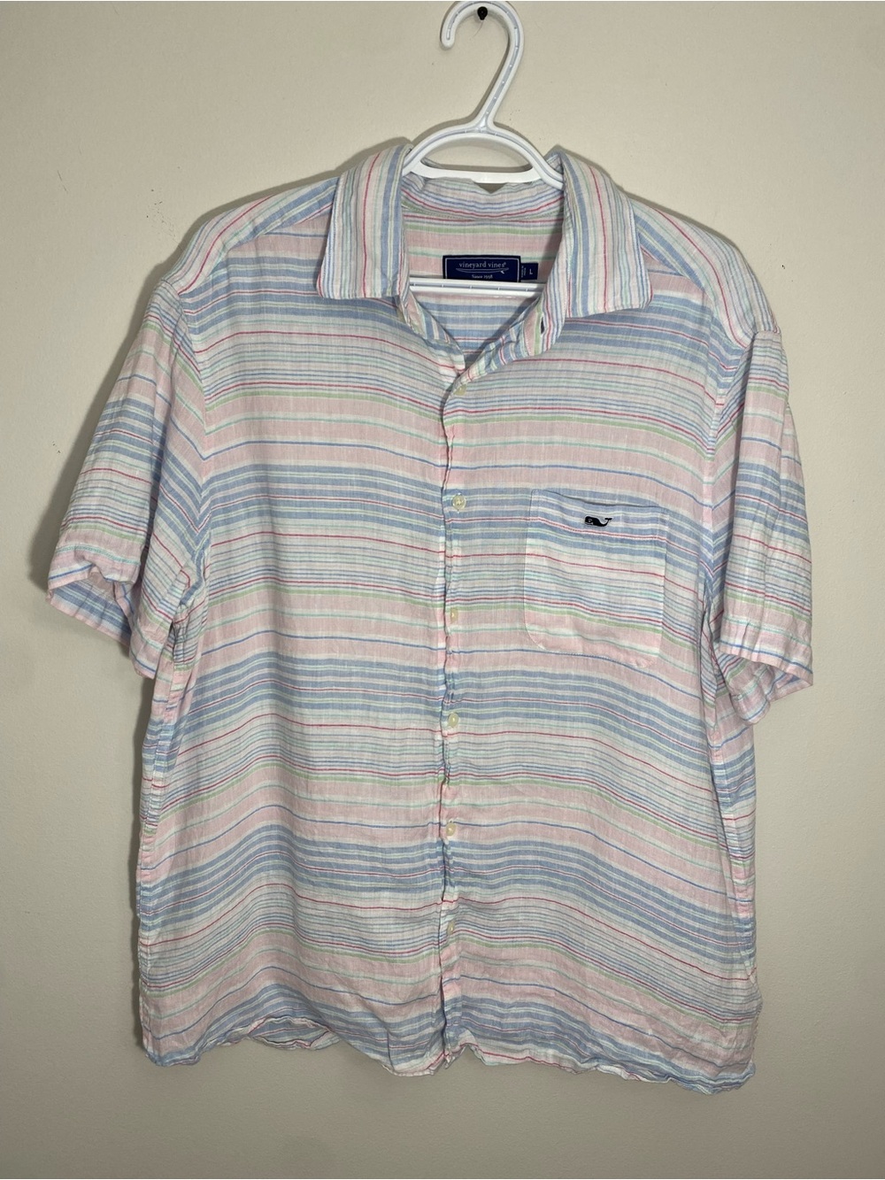 Vineyard Vines Linen Pastel Striped Short-Sleeve Button-Down - Pink & Blue Large